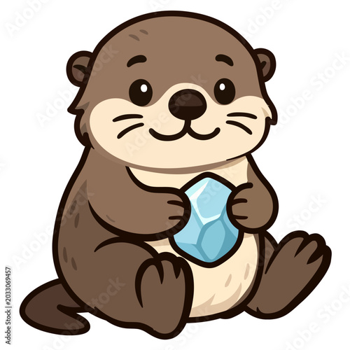 Cute baby sea otter holding a blue crystal stone cartoon character vector illustration isolated on white background