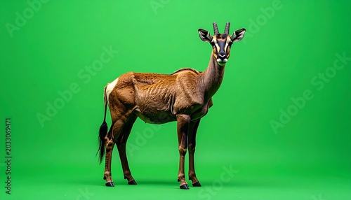 Striking Sable Antelope Portrait Against Vibrant Green Background.