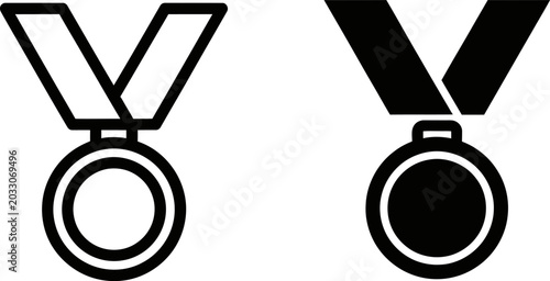 Bild auf Leinwand Medal icons with ribbon in outline and solid silhouette on white background for