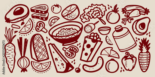 Bild auf Leinwand Mexican Food Illustration Line Art Depicting Tacos Guacamole And Vegetables