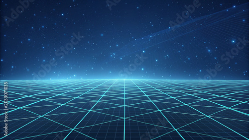 Glowing blue digital grid surface stretching into a starry horizon