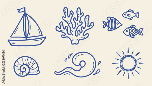 Hand drawn nautical icons set with sailboat coral fish seashell wave and sun in blue line art doodle style