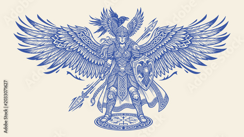 Photos Valkyrie female warrior illustration with large wings spear and shield in Norse
