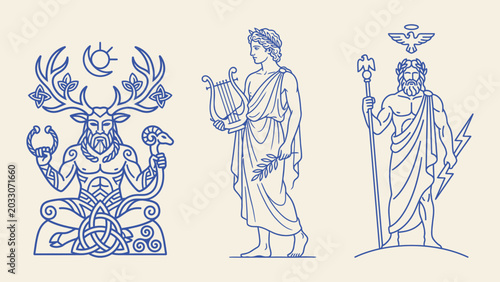 Foto Mythological gods vector line art illustration featuring Cernunnos with antlers