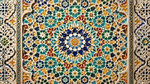 Colorful moroccan islamic mosaic pattern background, vibrant arabic geometric tiles, artistic muslim decorative wallpaper, seamless oriental ornament texture, premium Ramadan and Eid backdrop.