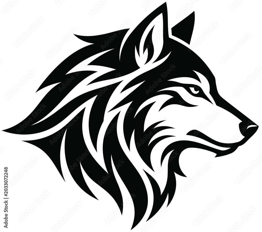 Fototapeta premium Wolf Head Vector Illustration Wild Predator Mascot Black and White Tribal Tattoo Art Silhouette Stencil Design Cut File