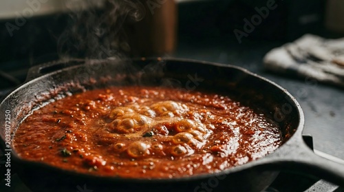 A close-up shot of a rich, red sauce simmering and bubbling in a black cast iron pan on a stove, with steam rising.