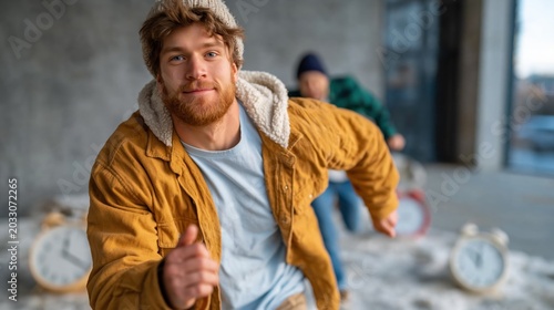 A young man in a cozy jacket is energetically running through an urban space, radiating joy and excitement while creating a sense of motion and liveliness in the scene.