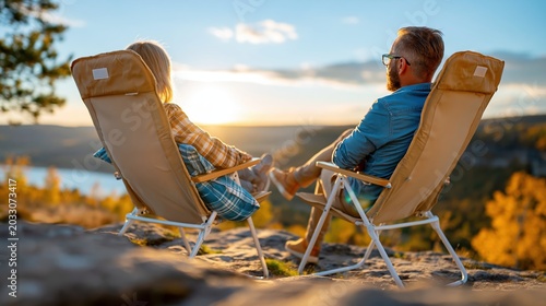 A serene scene of a couple relaxing in beach chairs, enjoying a beautiful sunset over the hills, capturing the essence of love, companionship, and nature's beauty.