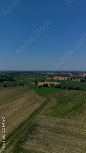 Rural Landscape Under Clear Blue Sky: An expansive, sun-drenched rural landscape stretches out under a vast, clear blue sky.