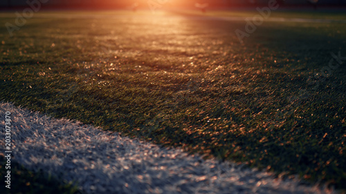 Football field grass at sunset close up