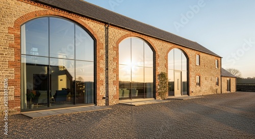 Modern Barn Conversion Featuring Massive Glass Arches and Stone Textures in Soft Afternoon Light