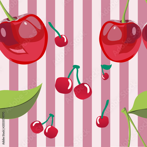 Cute seamless cherry pattern with glossy red cherries, green leaves, and pink striped background. Playful fruit wallpaper design perfect for fabric, wrapping paper, textile, scrapbook, and packaging.
