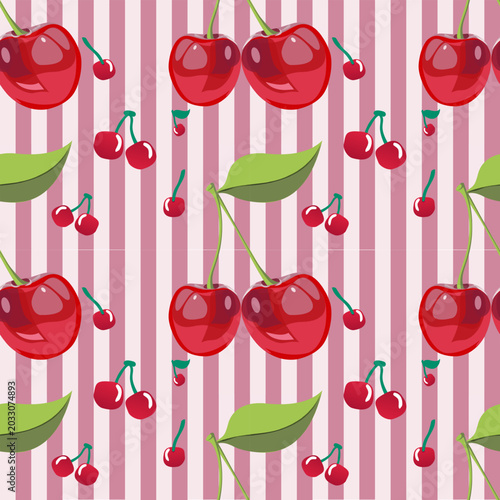 Cute seamless cherry pattern with glossy red cherries, green leaves, and pink striped background. Playful fruit wallpaper design perfect for fabric, wrapping paper, textile, scrapbook, and packaging.