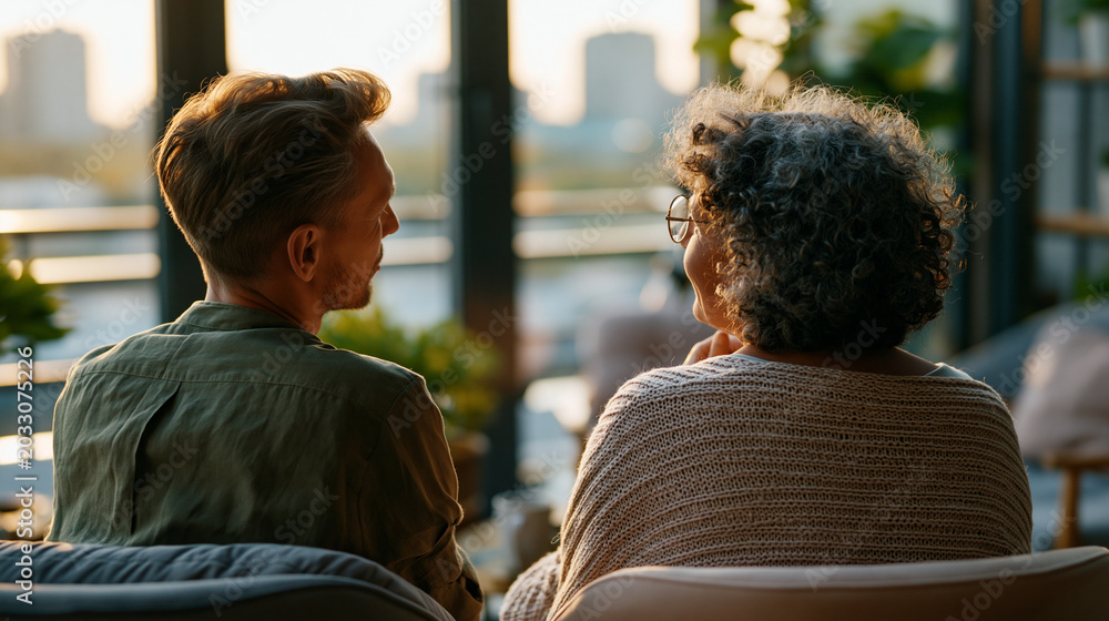 Obraz premium A European couple viewed from behind talks softly on a bright home terrace in calm sunny daylight terrace conversation faceless back view bright home daylight workspace soft