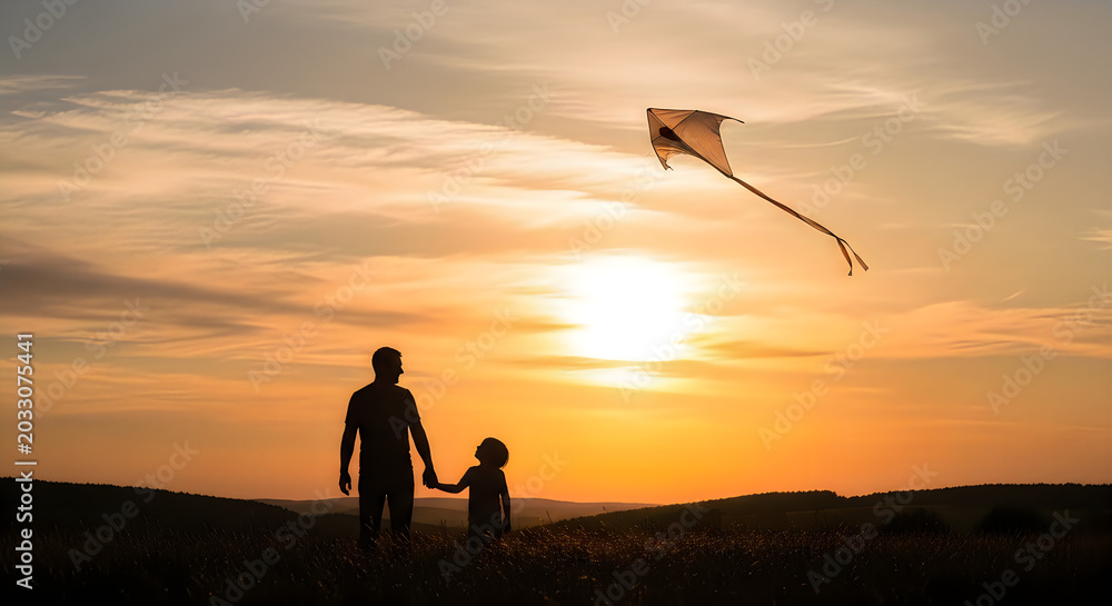 Fototapeta premium Silhouette of a man and child flying a kite at sunset
