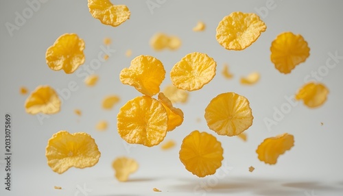 Crispy golden potato chips floating in the air, isolated on white background, detailed crunchy texture, realistic snack photography with clean minimalist composition