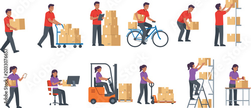 Vector illustration of warehouse and delivery workers performing logistics tasks including package handling, forklift operation, inventory management, and shipping preparation