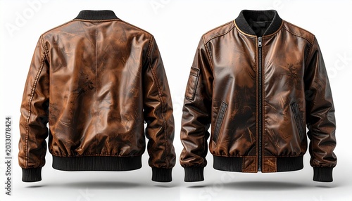 Stylish Brown Leather Bomber Jacket - Front and Back View.