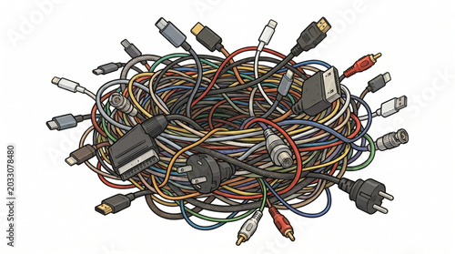 Slika na platnu Tangled mess of electronic cables and connectors.