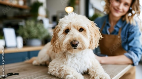 A fluffy dog lying on a table at a coffee shop, providing a warm atmosphere. The owner is smiling in the background, enhancing the cozy feel of this friendly space.