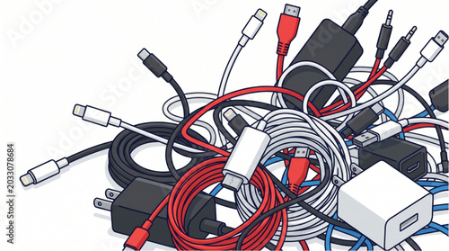 Fotografía Tangled mess of electronic charging cables and adapters.