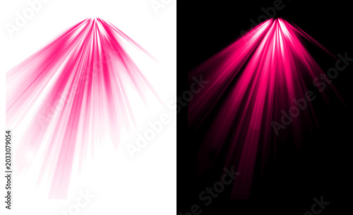 Intense hot pink spotlight beam shining from top downward onto transparent background stage lighting effect with rays of light glowing in dark environment for showtime.