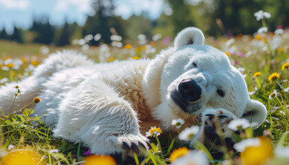 Playful man in a fluffy polar bear costume relaxing on green grass under warm sunlight, creating a whimsical and humorous outdoor fantasy scene.