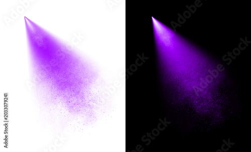 Purple spotlight beam with dust particles on transparent and black backgrounds isolated vector element for stage lighting design neon glowing ray theatrical effect magic.