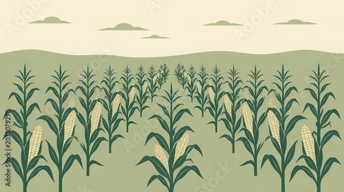 A widescreen, simplified flat landscape featuring rows of stylized corn plants under a minimalist sky, showcasing an agricultural field design that is perfect for professional creative backdrops.