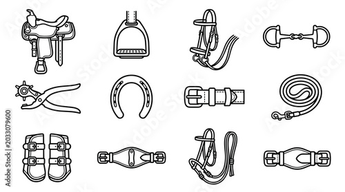 Collection of Equestrian Equipment and Horse Tack Icons Vector Illustration
