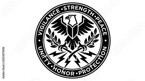 Black and white circular emblem featuring an eagle, olive branches, lightning bolts, and text 'VIGILANCE STRENGTH PEACE UNITY HONOR PROTECTION'.