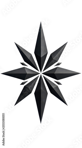 Sharp obsidian geometric shards star arranged in a radial pattern, presented as a high resolution isolated graphic element for modern creative design projects, black stone crystal star shape.