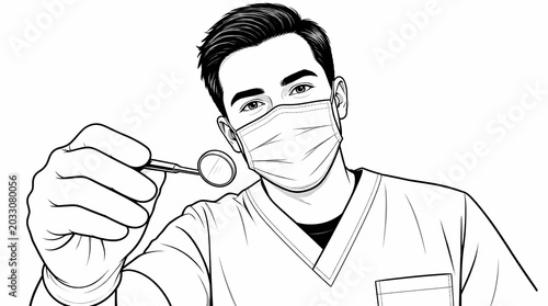 Stylized vector portrait of a professional dentist in scrubs, holding a dental mirror, creating a clinical character illustration suitable for medical websites, dental health advertisements, and banne