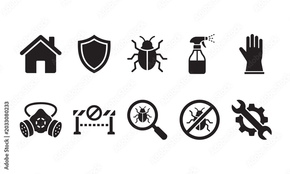 Fototapeta premium Pest Control Service Black Icon Collection Exterminator Protection Symbols