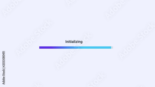 Animated initializing progress bar with gradient loading indicator and startup status text. Clean flat motion graphic for system startup, software initialization, processing workflows, and digital tec