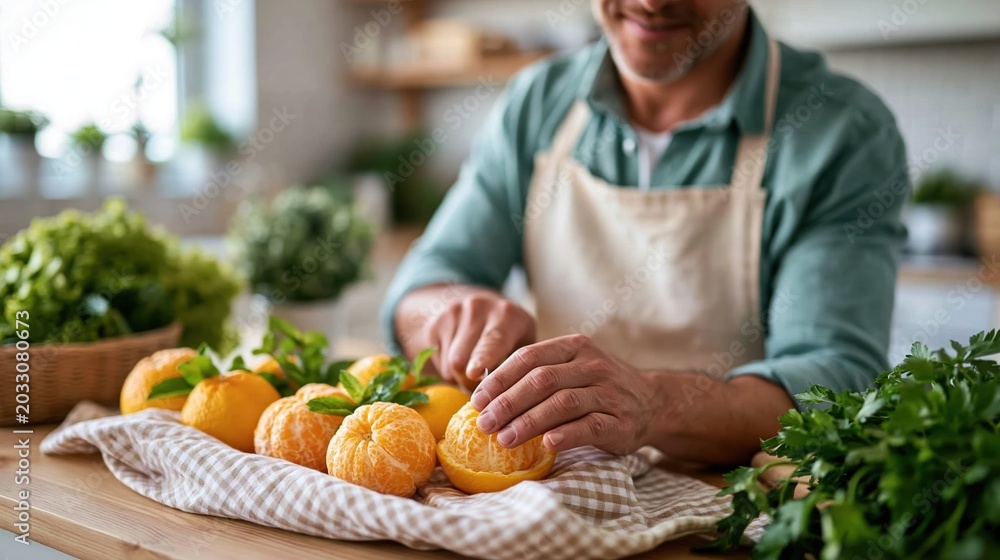 Fototapeta premium A man skillfully cuts fresh oranges in a modern kitchen, showcasing culinary skills between vibrant greens and beautiful natural light, perfect for healthy living.
