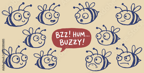 Tableau sur toile Cute cartoon bees with different facial expressions and speech bubble saying BZZ! HUM