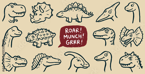 Konstfotografi Collection of cute hand-drawn cartoon dinosaurs with speech bubbles saying Roar, Munch, Grrr