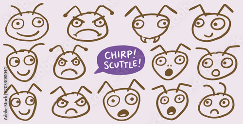Foto Collection of cartoon ant faces showing various emotions and expressions, with speech bubbles