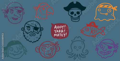 Obraz na płótnie Collection of cartoon pirate characters and sea creatures with a Ahoy! Yarr! Matey! speech bubble
