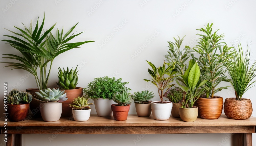 Fototapeta premium variety of potted plants on wooden shelf against white wall