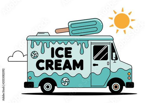 Retro ice cream truck vector illustration, vintage food van with melting popsicle, summer street food cart