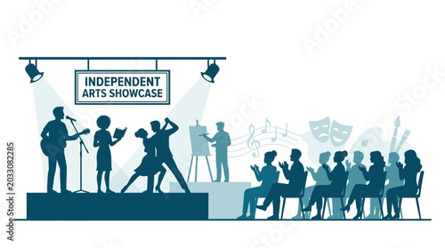 Cuadro en lienzo Silhouette illustration of an independent arts showcase featuring performers and an audience