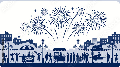 Cuadro en lienzo Silhouette of a crowd celebrating at a festive city street fair with fireworks