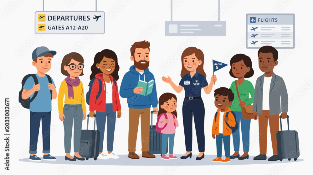 Obraz premium A diverse group of people, including families and individuals, standing at an airport departure gate with luggage. They appear ready for their journey, with staff members assisting them.