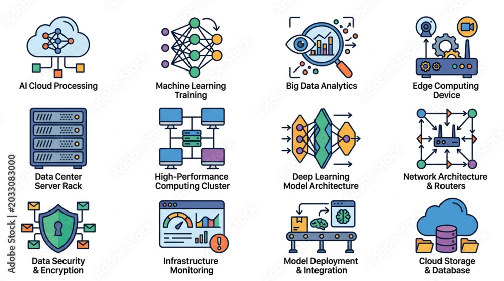 Fototapeta premium Technology Icons Representing Cloud Computing Data Analytics and Networking.