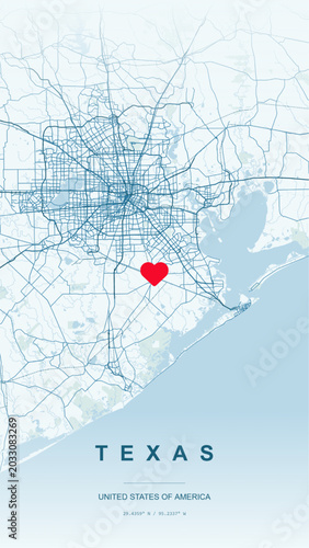 Modern minimalist vector map of Texas state, USA. High-quality scalable illustration of Texas state grid, Houston and Dallas-Fort Worth highway loops, Austin Colorado River axis for posters and design