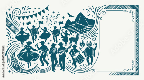 Quadro su tela Peruvian Folkloric Celebration Illustration with Dancers and Musicians