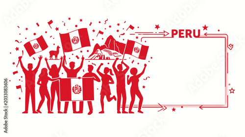 Bild auf Leinwand Peruvian people cheering and celebrating with flags and icons.